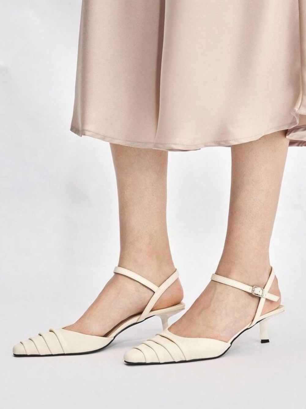 Women’s Cream ruched creased detail  Ankle-Strap Pointed heels